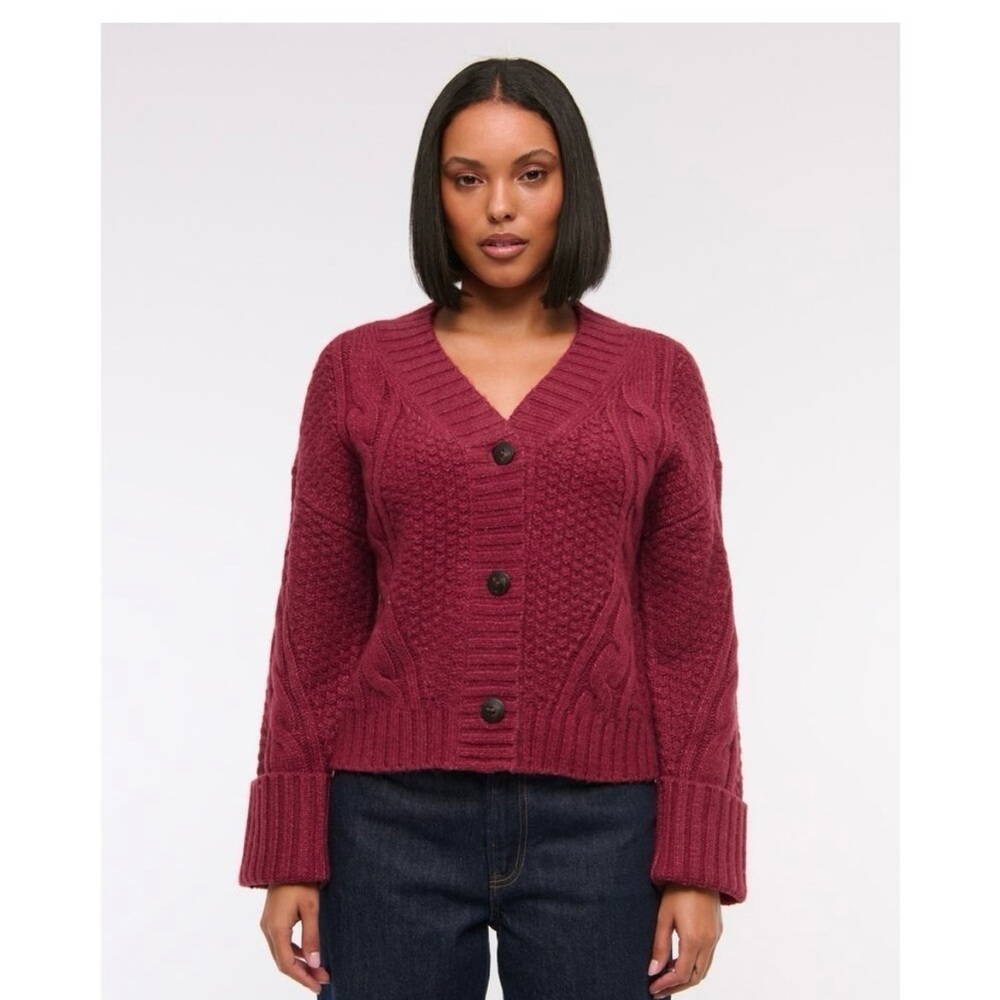 Abercrombie Wool Cable Knit Button Cardigan Sweater Red XS (Runs Large)